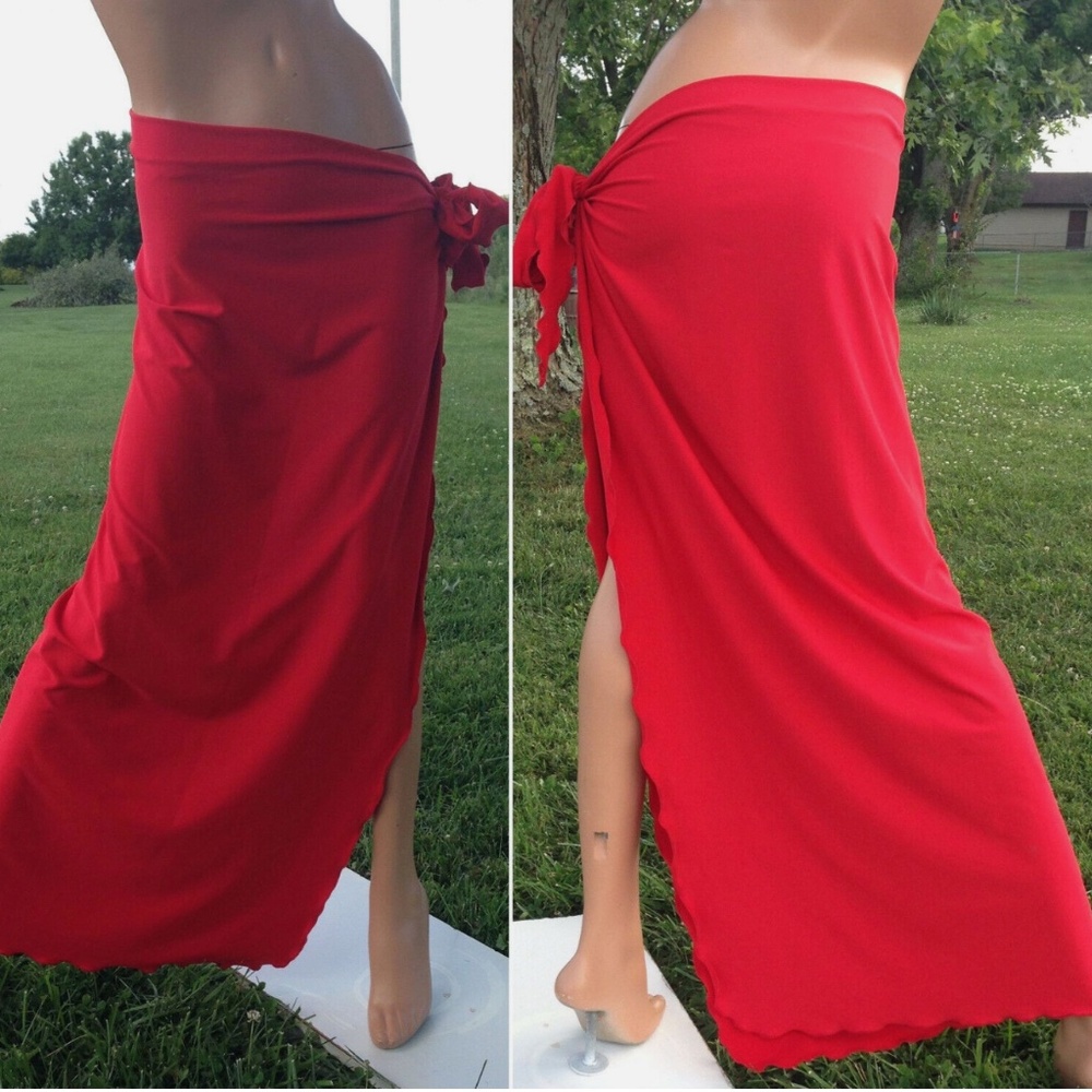 Red Spandex Lycra Tie Side Long Sarong Beach Pool Cruise Dance Wrap Skirt Sz M